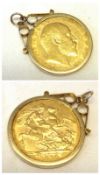 An Edward VII Gold Sovereign within a hallmarked 9ct Gold plain Pendant Mount.