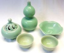 A Collection of 20th Century Celadon Wares: A small double gourd shaped Spill Vase; a further