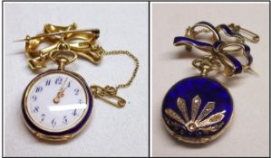 An early 20th Century Ladies 18ct Gold Cased Fob Watch, blue Arabic numbers to a cream dial, with