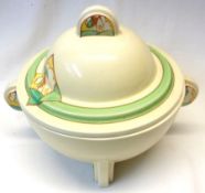 A Clarice Cliff Stamford circular two handled covered Tureen, decorated with the “Stroud” pattern in