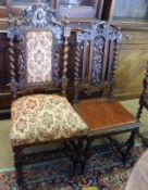 A harlequin set of six Victorian Oak Gothic Dining Chairs with barley twist frames, (3 designs in