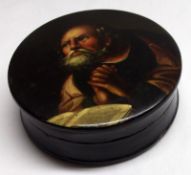 A 19th Century Continental Papier-mâché circular Snuff Box of large proportions, the top hand