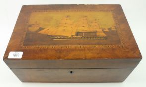 An unusual Victorian Walnut Writing Box, the top inlaid with central panel of three masted tall