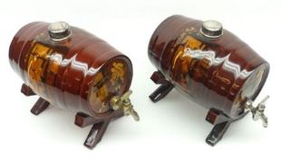 A pair of Doulton Kings Ware Miniature Barrels, decorated with Tavern scenes on a brown glaze,