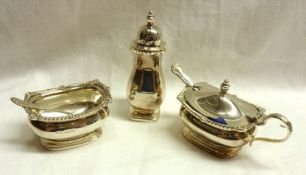 An Elizabeth II three piece Condiment Set of compressed oval form, with shell and gadrooned rims,