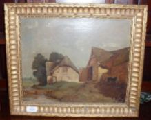 A late 19th Century Continental Oil on Canvas Study of a Rural Farm Scene with Horse, in dentil