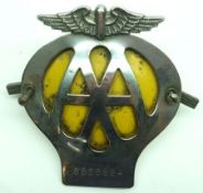 A Vintage AA Car Badge, No 8B58864, 4” wide