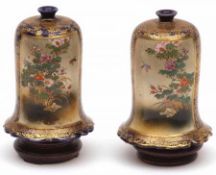 A pair of 20th Century Satsuma bell-shaped Spill Vases, painted in colours with panels of figures