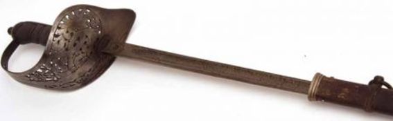 Edward VII Infantry Officer’s Sword, etched blade 32 ½”, wire-bound fish-skin grip, metal scabbard