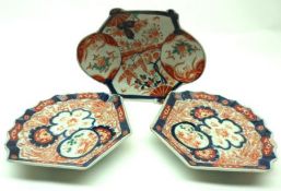 A small collection of Japanese Imari, comprising two small fan-shaped Dishes and a further oval