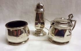 An Elizabeth II small three piece Condiment Set of panelled circular form comprising: Mustard, Liner