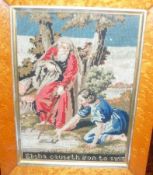 A Maple Framed Religious Tapestry Picture, Elisha Causeth Iron to Swim, 10 ½” wide