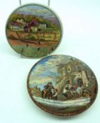 Two Prattware Pot Lids: “Pegwell Bay (Four Shrimpers)” (rim chip) and “The Farriers” (restored),