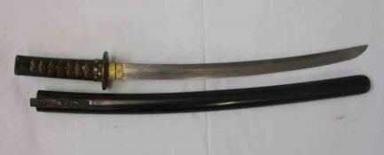 Japanese Short Sword, curved blade 17 ¾”, iron tsuba, cord-bound sharkskin grip, lacquered scabbard