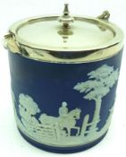 A Wedgwood Blue and White Jasperware Biscuit Barrel decorated with hunting scenes to a plated