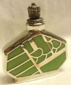 An art deco style white metal overlaid Scent Flask of shaped pentagon design, crown shaped screw-