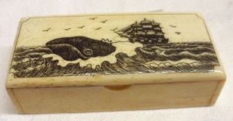 A small Bone rectangular Box, the hinged lid engraved with a whaling scene, 2 ½” x 1 ¼”