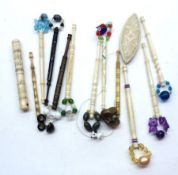A small quantity of mixed Bone Lace Bobbins with glass spangles, tatting shuttle etc