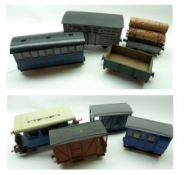 Eight various narrow gauge Garden Railway Wagons and Carriages, mostly kit-built