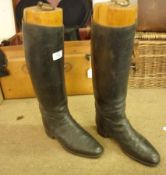 A Vintage Pair of Gents Black Leather Hunting/Riding Boots with wooden boot trees