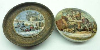 Two Prattware Pot Lids: “Dangerous Skating” and “A Fix” (Skating in pale oak socle, the other