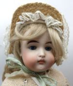 Unmarked Bisque Head Character Doll, with fixed blue glass eyes, painted lashes, brows and lips,