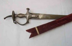 Vintage Indian Tulwar, 32 ½” curved blade, metal hilt, plush-covered wooden scabbard