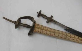 Vintage Indian Firangi, 35” blade, metal hilt, fabric-covered wooden scabbard; together with Vintage