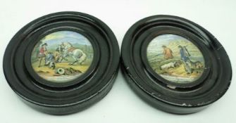 Two Prattware coloured Pot Lids: “Preparing for the Ride” (heavily crazed); together with “The