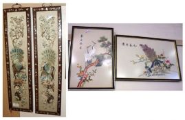 A pair of 20th Century Oriental Silk Embroidered Panels in Shibayama type frames, decorated with