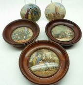 A mixed group of five coloured Prattware Pot Lids: “The Enthusiast” (cracked and re-glued) in dark