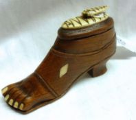 An unusual Treen Model of a Foot/Shoe with detachable Bone mounted lid, concealed cavity under