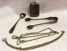 A Mixed Lot comprising: Small hallmarked Sugar Tongs in Trefid and Rattail pattern, Sheffield