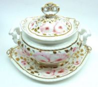 A Spode Felspar Sauce Tureen and Stand, decorated with pink flowers and gilt foliage, 8 ½” diameter