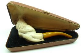 A Vintage Meerschaum Pipe, the bowl formed as a Maiden with an Amber effect stem, 6” long, in case
