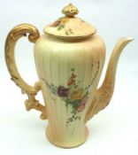A Royal Worcester Coffee Pot, Reg No 190546, the ribbed body decorated with floral sprays to a