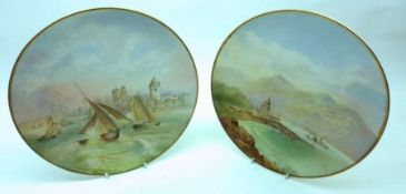 A pair of decorative Circular Plates, painted in colours with titled scenes of Portsmouth Harbour
