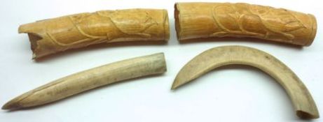 Two Vintage Carved Bone Tusks decorated with Elephants and two others