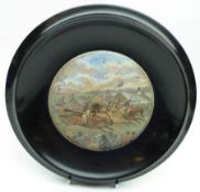A coloured Prattware Pot Lid: “A Race or Derby Day” (chips to edge and surface crazing/scratches),