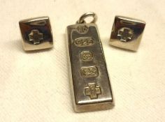 A Mixed Lot of hallmarked Silver Ingot Pendant and pair of Silver Millennium hallmarked Square