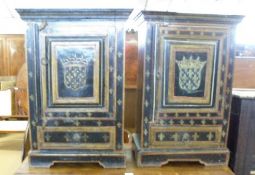 A pair of 20th Century Painted Hardwood Bedside Cabinets, the single doors decorated with a carved