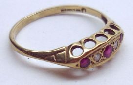 A hallmarked 9ct Gold Ring featuring three small Rubies and two small Diamonds to a pierced boat