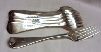 A heavy matched set of six Georgian Table Forks, Old English pattern, each initialled “L” in