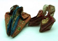 Two pairs of late 19th Century Fabric Embroidered Oriental Shoes
