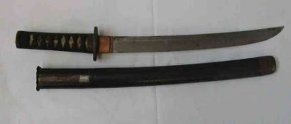 Japanese Dagger, curved blade 14 ½”, iron tsuba, cord-bound sharkskin grip, metal mounted