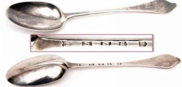A rare Queen Anne Provincial Tablespoon, dog nose and rattail pattern, prick engraved with