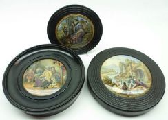 A group of three Prattware Pot Lids: “The Listener”; “The Picnic” and “Hide and Seek”, all mounted