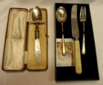 A Child’s Boxed Three Piece Christening Set including a hallmarked Silver Fork and Spoon, Birmingham