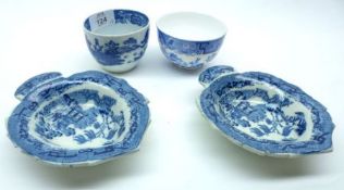 Two small 19th Century leaf-shaped single-handled Dishes decorated with Willow Pattern design, 6”