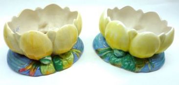 Two Clarice Cliff Lily Pad Jardinières, each decorated in colours, both 9” long